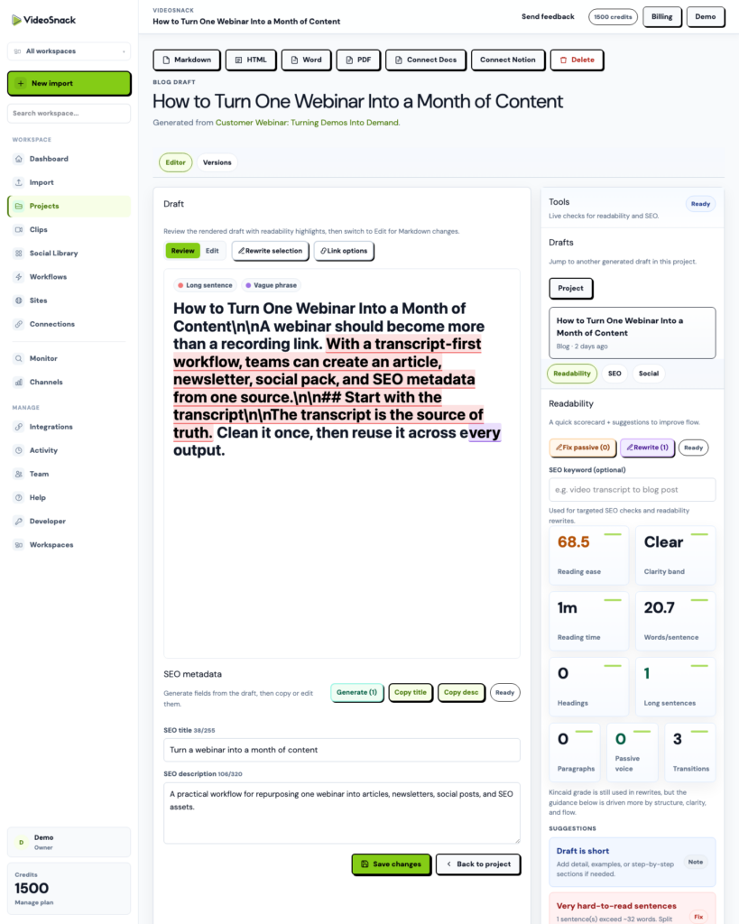 VideoSnack content editor with Markdown editing, SEO metadata, and export controls.