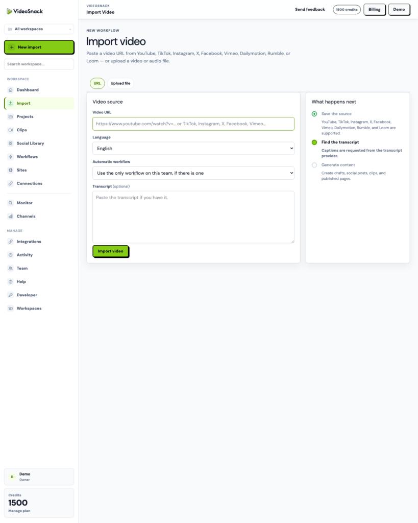 VideoSnack import screen with upload, URL, language, workflow, and transcript options.