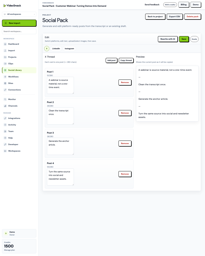 VideoSnack social pack screen for platform-specific posts and reusable social assets.