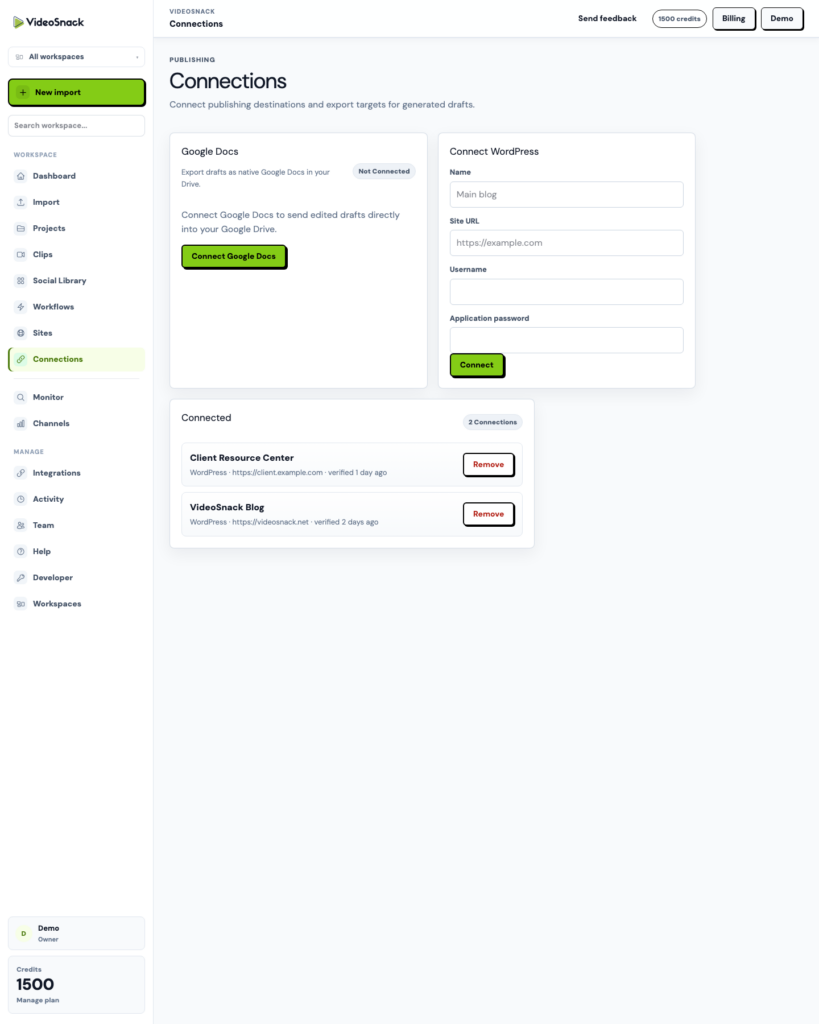 VideoSnack WordPress connections screen with verified publishing destinations.