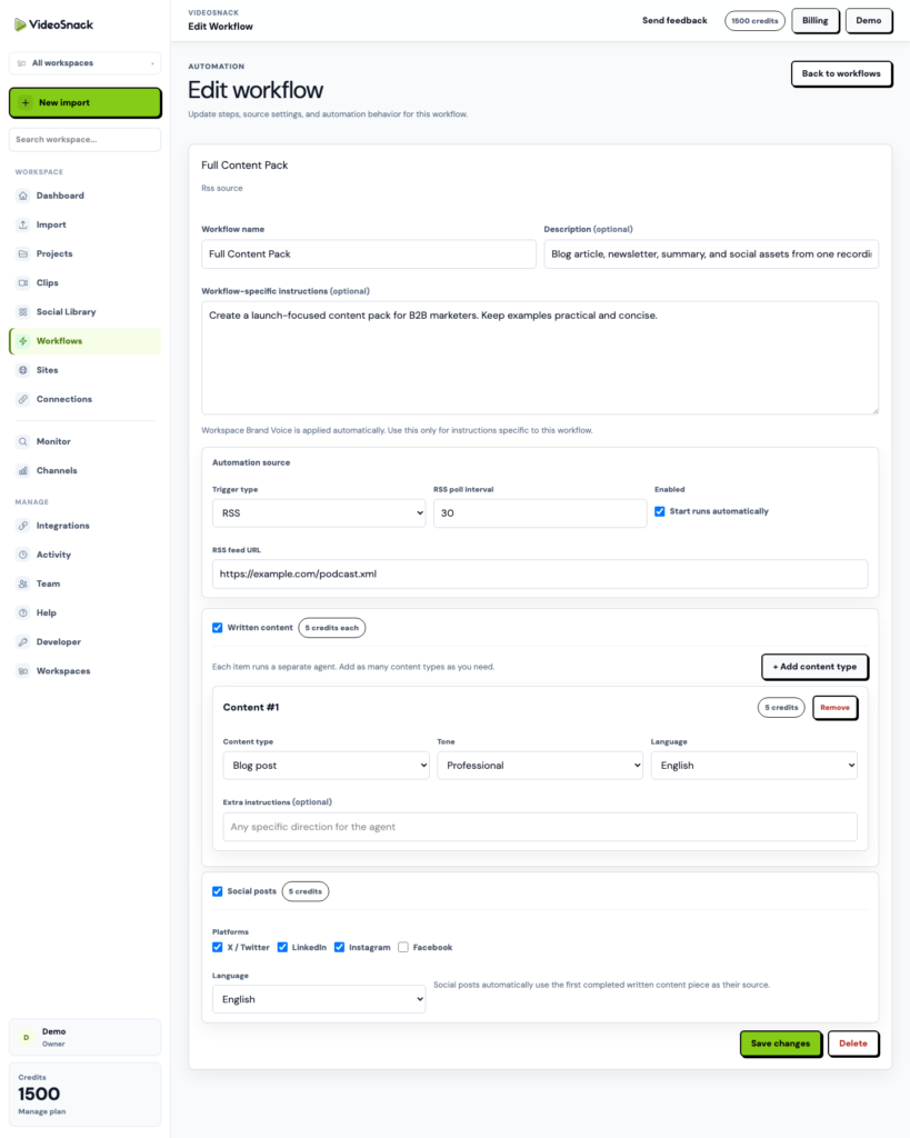 VideoSnack workflow editor showing content agent steps, RSS trigger, and social output settings.